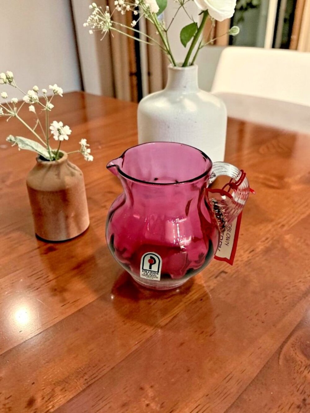 VINTAGE Pilgrim Cranberry GLASS Pitcher clear handle Creamer  4” with tags